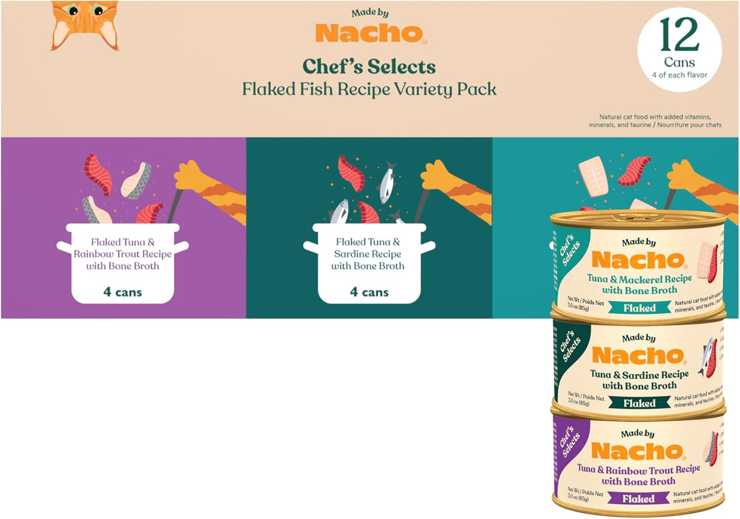 Made by Nacho Flaked Filets Recipe in Bone Broth, Grain-Free Chef's Selects Wet Food for Cats Balanced Diet in Naturally Hydrating Pumpkin-Infused Broth (3.0 oz (Pack of 12), Flaked Fish Variety Pack)