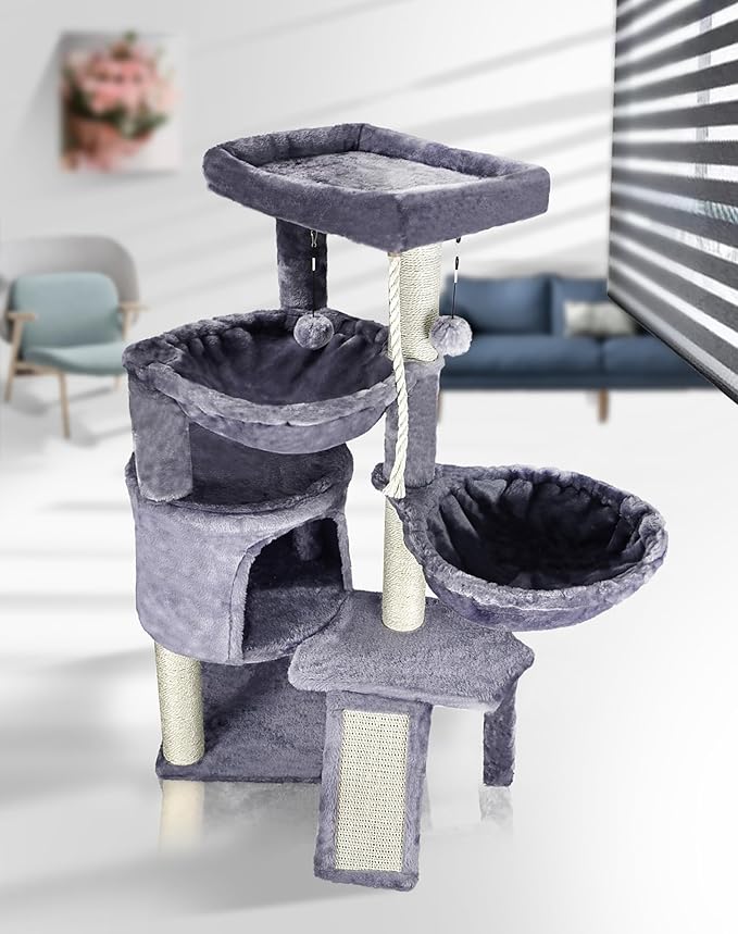 3-Tier Cat Tree with 2 Hammocks & Condo, Rope Ladder, Replaceable Hanging Balls - Image 9