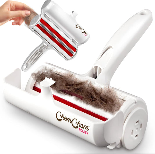 ChomChom Roller Pet Hair Remover and Reusable Lint Roller - Cat and Dog Hair Remover for Furniture, Couch, Carpet, Clothing and Bedding - Portable, Multi-Surface Fur Removal Tool (White)
