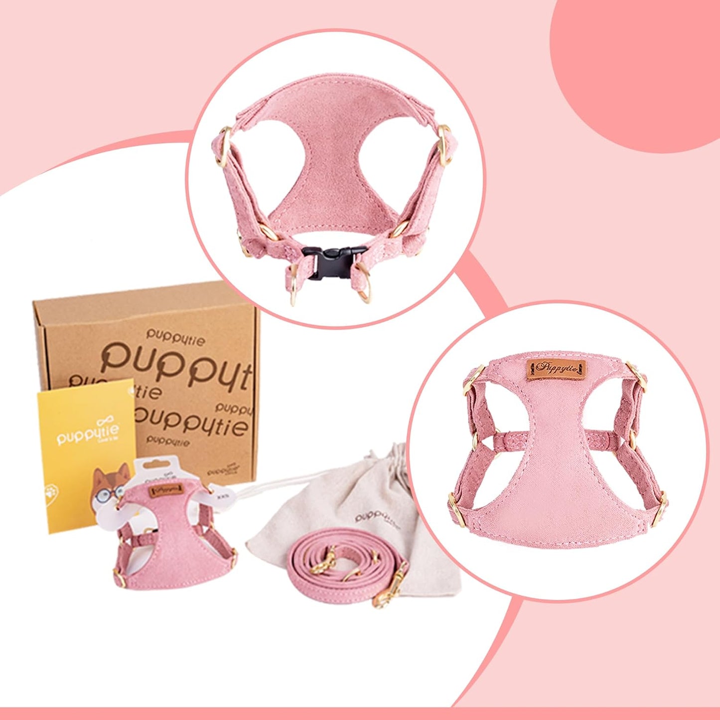 Puppytie No Pull xs Dog Harness with Multifunction Dog Leash,Soft Adjustable No Choke Escape Proof Pet Harness Vest,Pink,XS