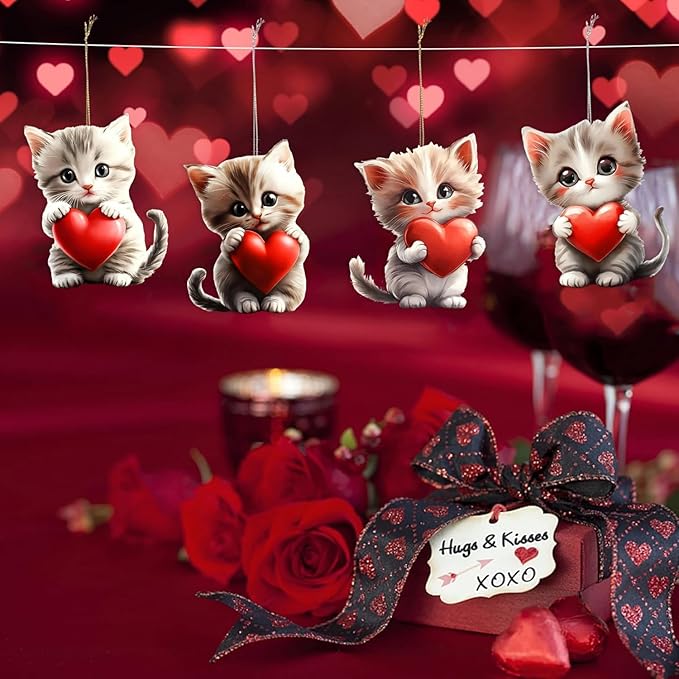 8 Pcs Valentine's Day Ornaments Cute Cat Holding a Red Heart Designs 2D Acrylic - Image 6