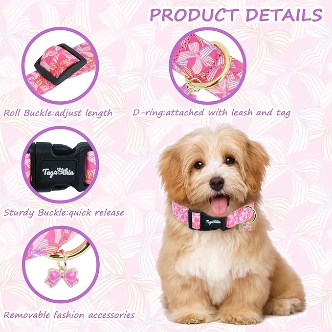 Cute Hot Pink Dog Collar with Bow Print, Spring Summer Puppy Collar with - Image 3
