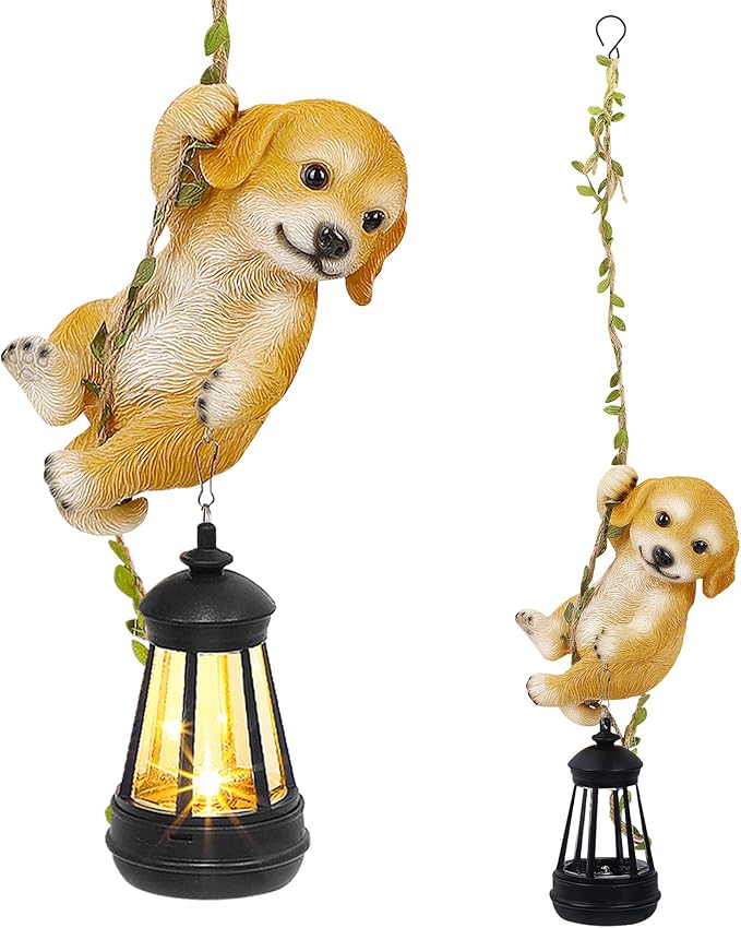 Solar Hanging Dog Statue, Outdoor Resin Golden Retriever Dog Figurine by ZaaYee