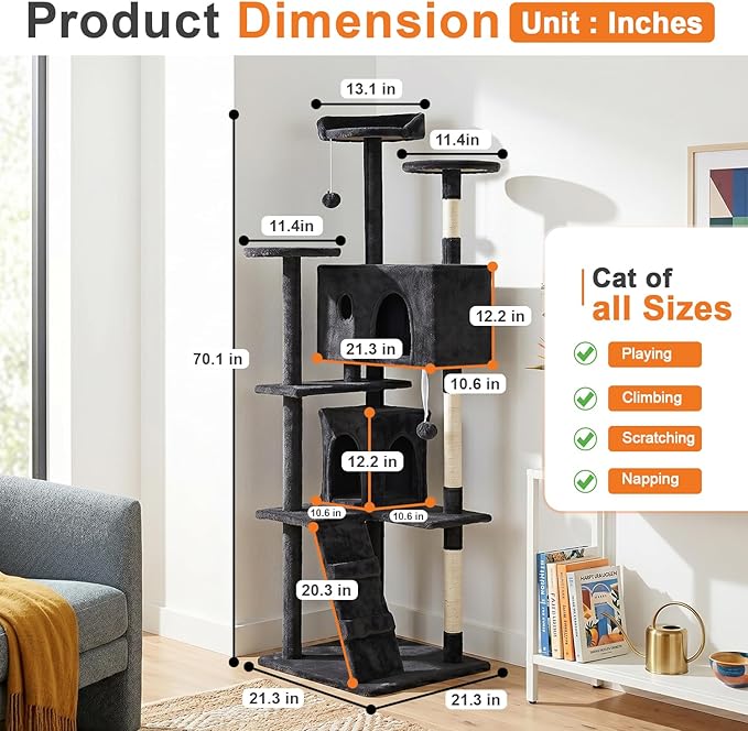 FDW | 70" Cat Tree Tower | Dark Gray | Multi-Level Indoor Activity Center - Image 2