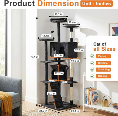 FDW | 70" Cat Tree Tower | Dark Gray | Multi-Level Indoor Activity Center - Image 2