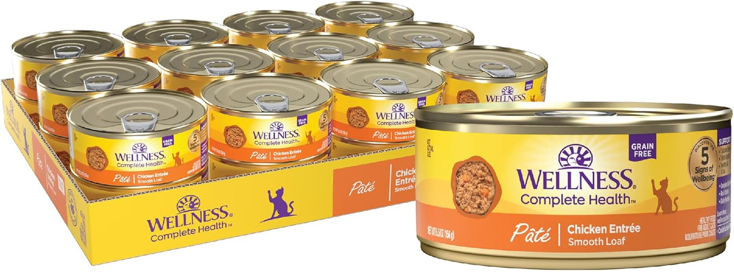 Wellness Complete Health Pate Adult Wet Cat Food, Natural, Protein-Rich, Grain Free, 5.5 Ounce, 24 Pack, (Chicken)