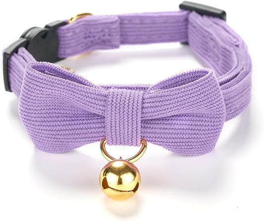 Soft Corduroy Cat Collar with Bell and Bowtie, Safety Breakaway Clasp, by Petiry