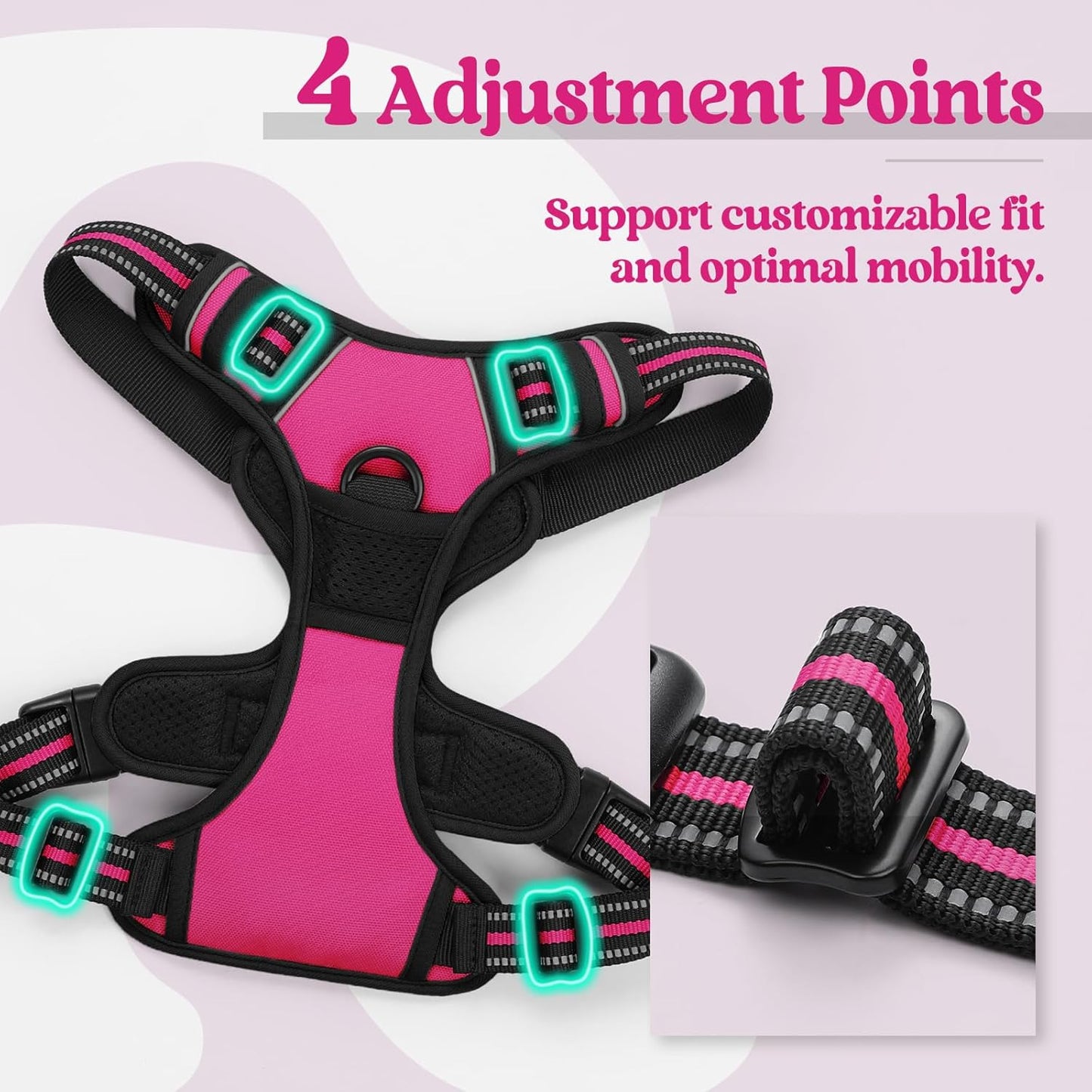 rabbitgoo Dog Harness No Pull with 2 Leash Clips, Adjustable Soft Padded, Reflective Oxford No Choke Pet Vest with Easy Control Handle for Medium Sized Dogs, Hot Pink, M