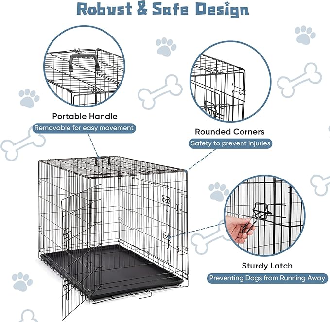 DUMOS Dog Crate with Double Doors, 42 Inch Metal Foldable Pet Cage with Plastic - Image 2