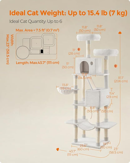 Feandrea Cat Tree, 81.1-Inch Large Cat Tower, 2 Perches, 2 Caves, Cream White - Image 5