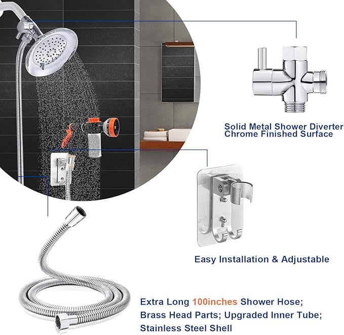 Dog Shower Attachment with Metal 3-Way Shower Diverter & 10inches Shower Hose - Image 9