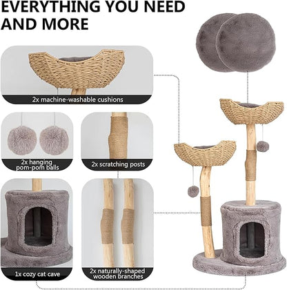 Modern Cat Tree for Indoor Cats Large Adult, 46.5" Tall Wooden Cat Tower for - Image 3