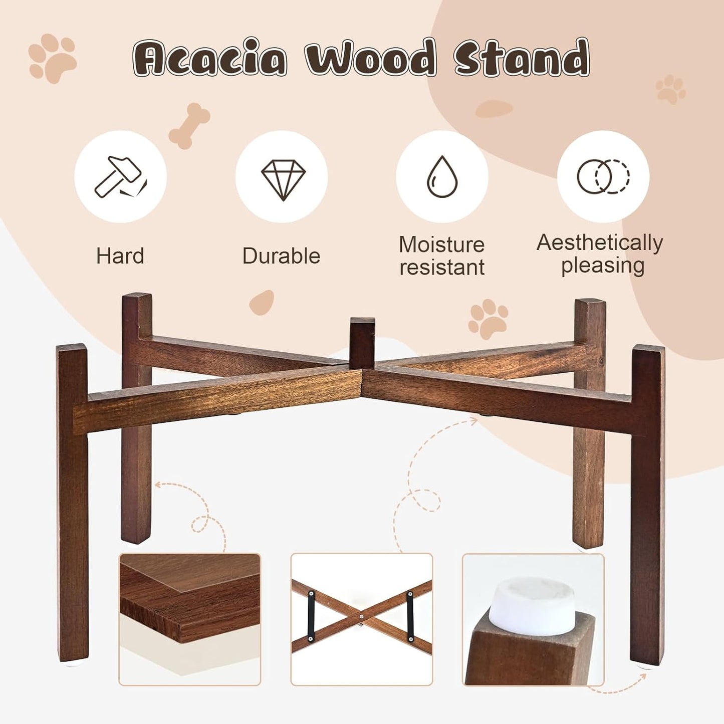 SPUNKYJUNKY Ceramic Elevated Dog Bowl Set with Acacia Wood Stand for Food and Water for Large Dogs (60.87 OZ, Black, Dog Paw Pattern)