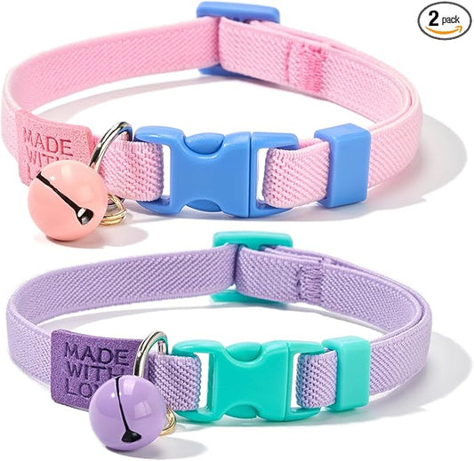 Elastic Cat Collar 2 Pack of Safety Quick Release Cat Collars by YUDOTE