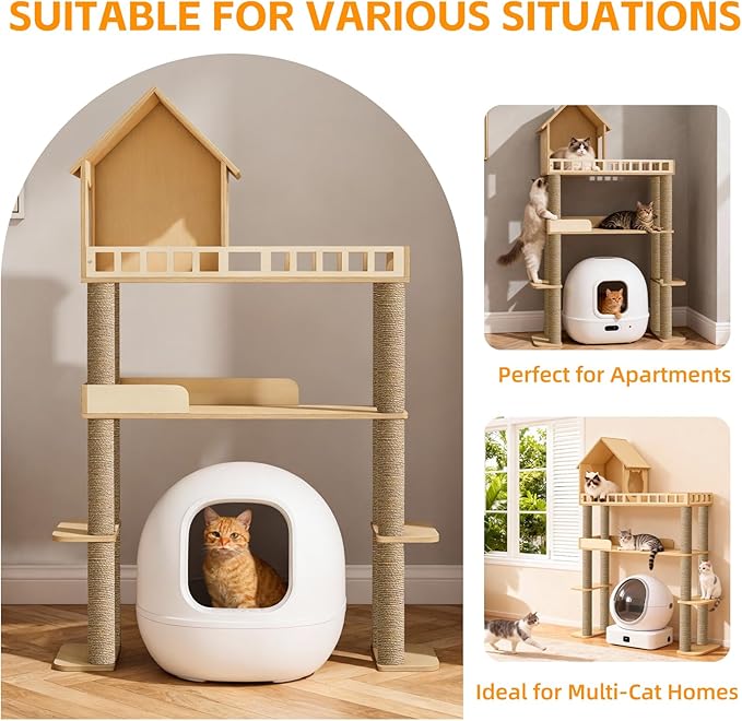 Wood Cat Tree for Automatic Litter Box, 60.2 Inch Tall Modern Cat Tree Tower - Image 6