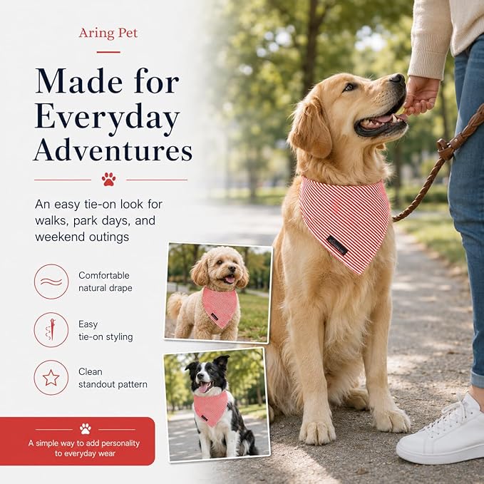 ARING PET Stripe Dog Bandanas, Cute Red Pet Bandana Scarf Triangle Bib - Image 3