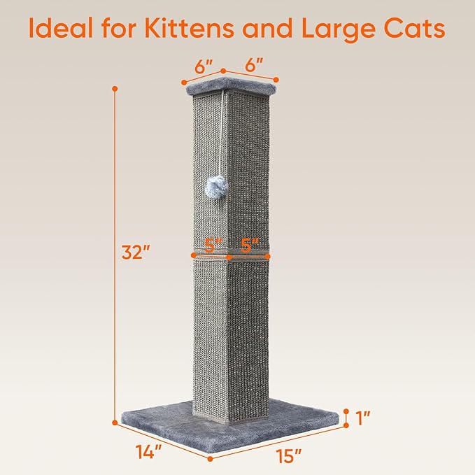 Cat Scratching Post 32 Inch for Indoor Large Cats and Kitten, Nature Sisal Tall - Image 2