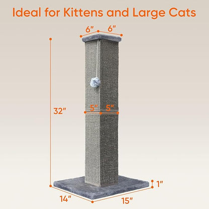 Cat Scratching Post 32 Inch for Indoor Large Cats and Kitten, Nature Sisal Tall - Image 2