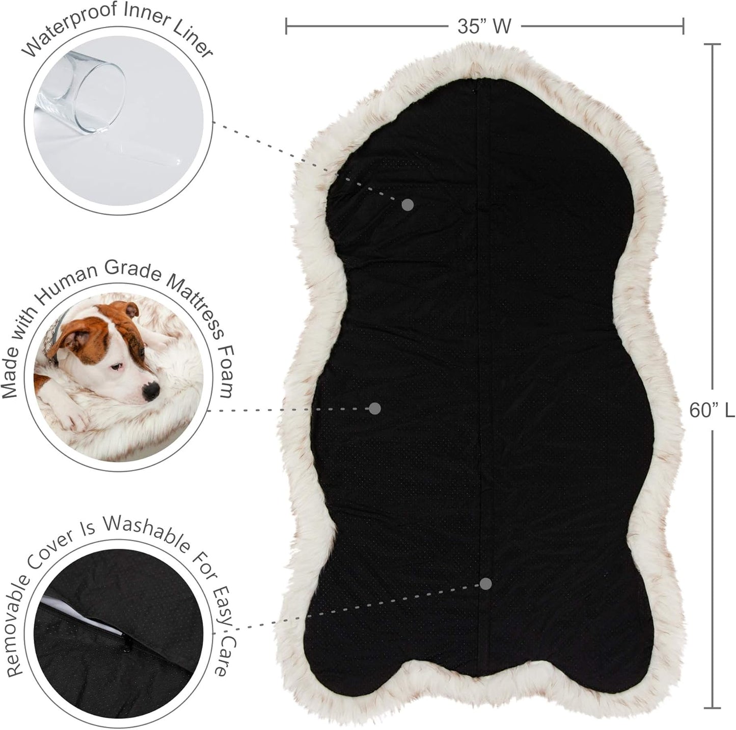 IHAPPYDOG Luxury Faux Fur Orthopedic Dog Bed, Memory Foam Dog Bed for Small, Medium, Large and XL Pets, Fluffy Pet Bed with Waterproof and Washable Cover (White w/Brown Tips, 60"x35")