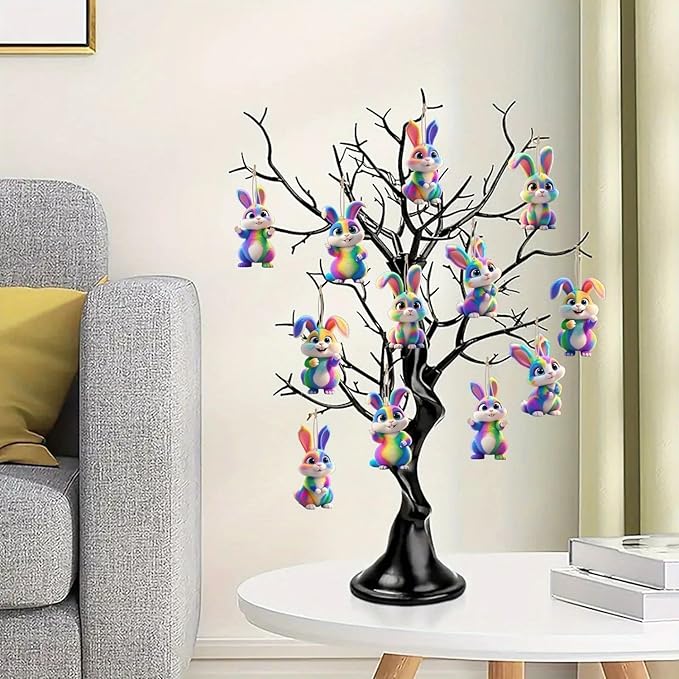 12 Pcs Easter Hanging Ornament Cute Colorful Gradient Bunny Designs 2D Wooden - Image 5