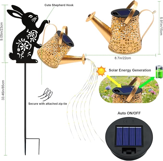 Solar Watering Can Lights, Bunny Hanging Lantern Solar Lights Outdoor, Rabbits - Image 2