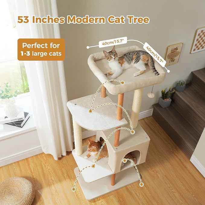 PAWZ Road Large Cat Tree, 53 Inches Modern Wooden Cat Tower - Image 6