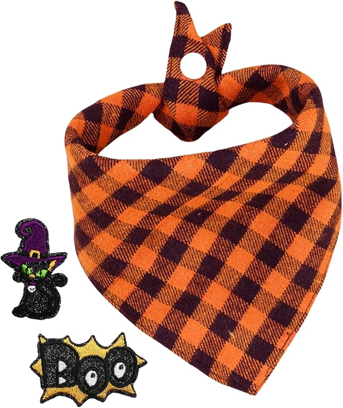 Dog Bandana Plaid, Boo & Witch Cat Embroidery Patches by Unknown