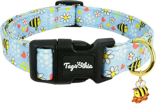Dog Collar with Bees & Flowers Pattern, Spring Summer Collection Blue Dog by Unknown