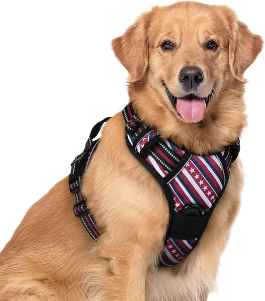 rabbitgoo Dog Harness No Pull with 2 Leash Clips, Adjustable Soft Padded, Reflective Oxford No Choke Pet Vest with Easy Control Handle for Large Dogs, Red Stripe, XL