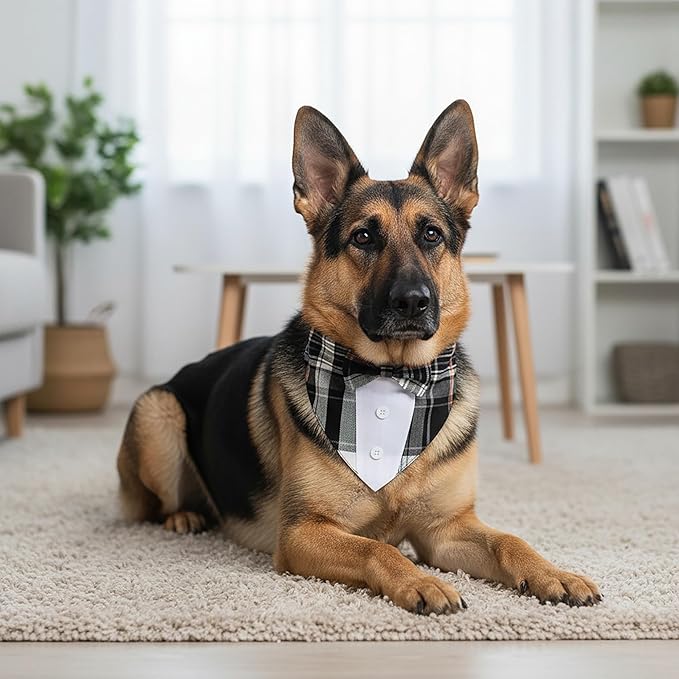 ADOGGYGO Black Dog Tuxedo Bandana, Plaid Bow Tie Collar, Adjustable Black Plaid - Image 4