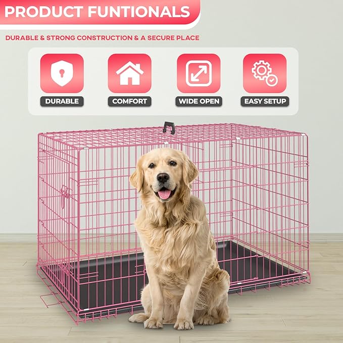 FDW Dog Crate for Large Dogs 48 Inch Folding Metal WirePet Cage Double Door - Image 2