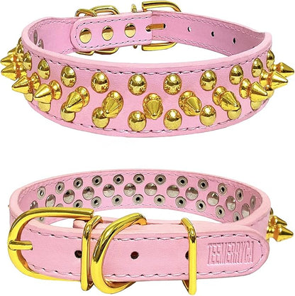 TEEMERRYCA Pink Leather Gold Spiked Studded Dog Collar - Image 2