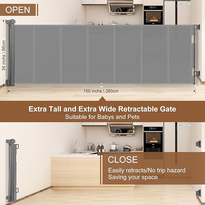 Miumoon 150 inch Retractable Baby Gates 34 inch Tall, Retractable Gate - Image 4