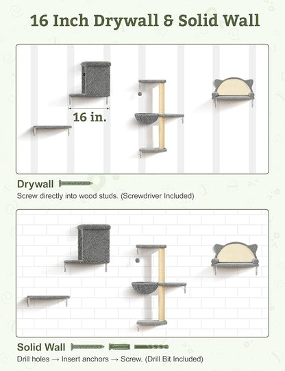5-in-1 Cat Wall Shelves, Solid Wood & Velvet & Sisal Scratcher, 44lbs Max Load - Image 7