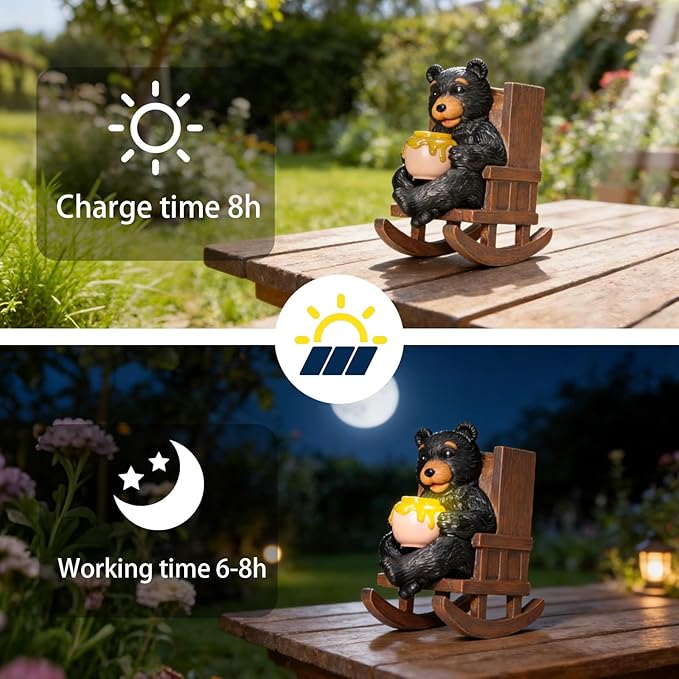 Sheaifun Solar Garden Statues Black Bear Decor Resin Bear Statues Outdoor - Image 3