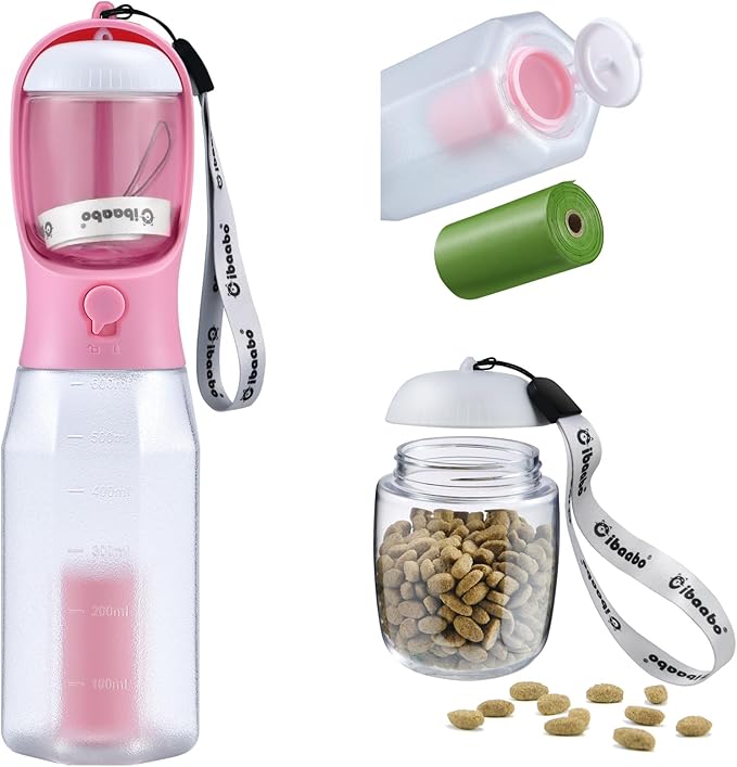 Cibaabo Dog Water Bottle with Food Container & Poop Bag Holder, Travel Water by Cibaabo