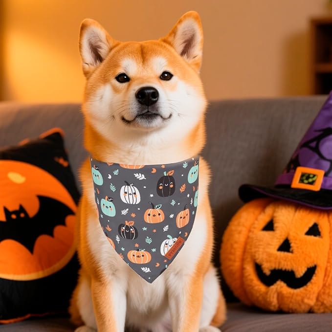 PTDECOR Halloween Dog Bandana, Ghost Pumpkin Design Reversible Holiday Pet Scarf - Image 3