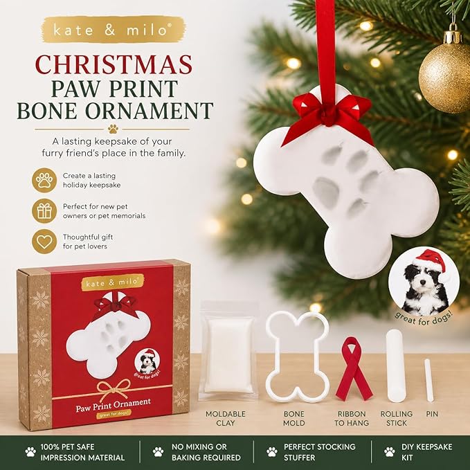 Kate & Milo Christmas Paw Print Bone Ornament, Holiday Pet Keepsake - Image 3