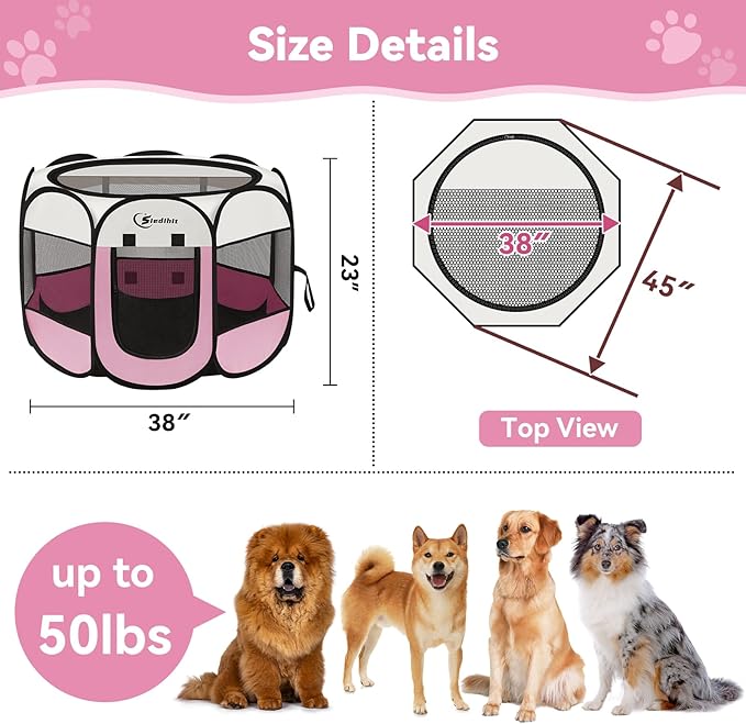 Siedihit Pink Puppy Playpen for Large Dog Cat, Dog Tent Crates Cage - Image 7