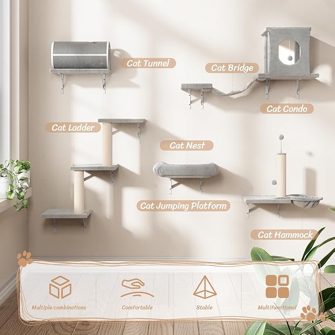 NUNU LAB 7-in-1 Cat Wall Shelves, Wall Mounted Cat Climber Set, Cat Furniture - Image 2