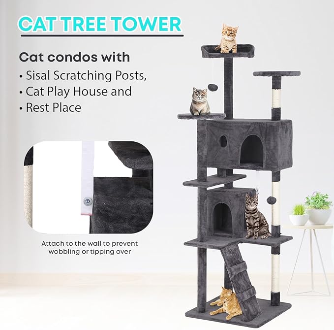 FDW | 70" Cat Tree Tower | Light Gray | Multi-Level Indoor Activity Center - Image 6