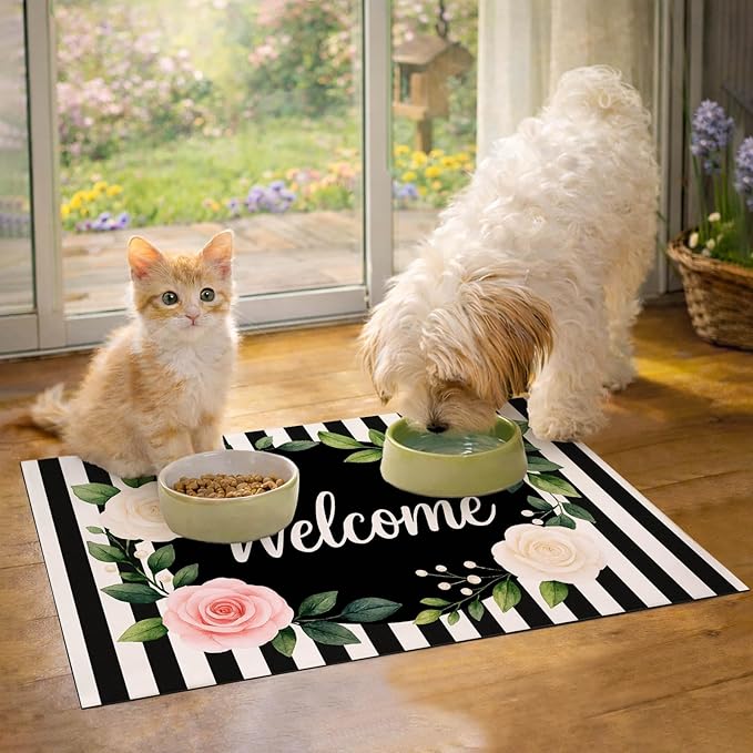 HOMETITUTE Pet Feeding Mat Black White Stripe Pattern 20" x 12", Welcome Sign - Image 3