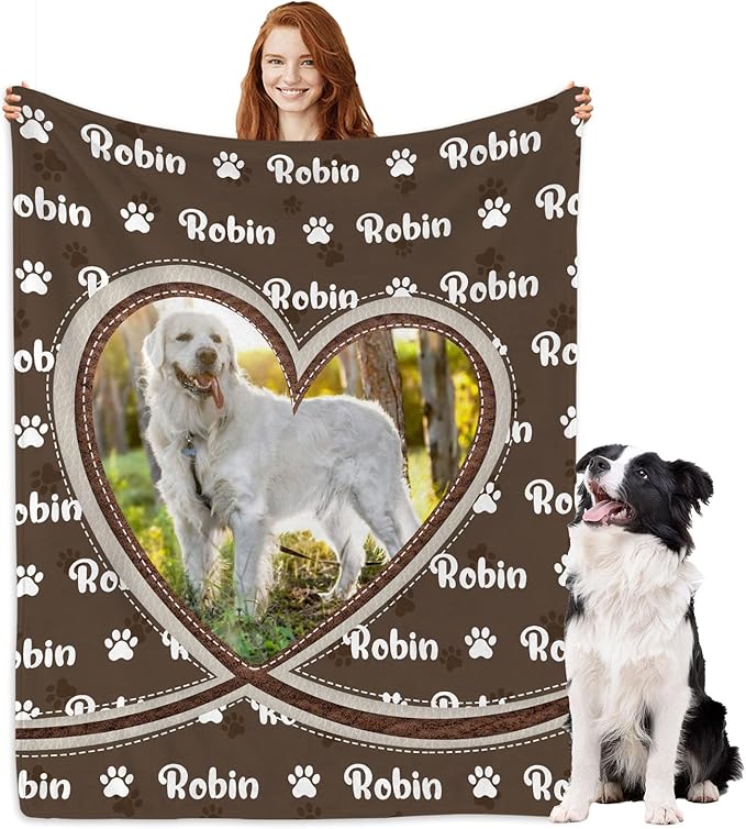 Personalized Dog Blankets with Name Photos, Custom Paw Print Blanket by Artsadd