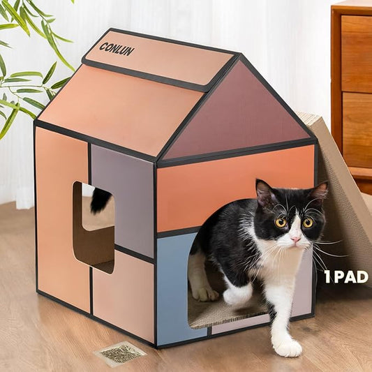 Cardboard Cat House with Scratch Pad & Catnip, Cat Play Scratching House by Conlun