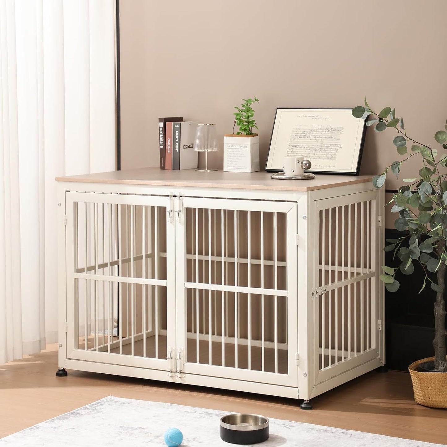 48" Rustic Heavy Duty Dog Crate Furniture for Extra Large Dogs, Decorative Pet House End Table, Wooden Cage Kennel Furniture Indoor, Double-Doors Sturdy Dog Cage