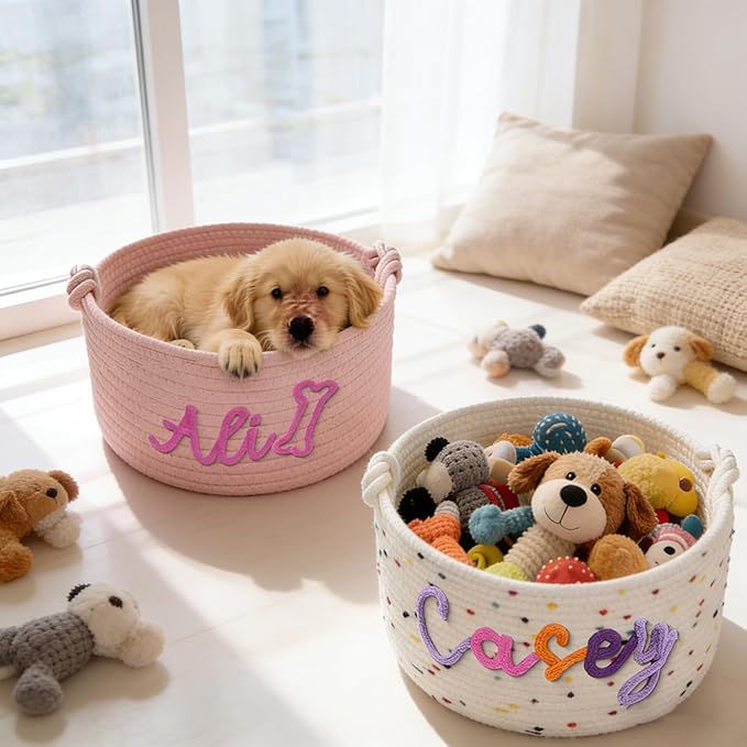 Personalized Dog Cat Toy Basket, Custom Cotton Rope Storage Basket - Image 6