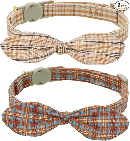 Cotton Bowtie Cat Collar with Bell 2 Pack Plaid Breakaway Kitten Collars with by YUDOTE