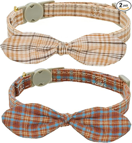 Cotton Bowtie Cat Collar with Bell 2 Pack Plaid Breakaway Kitten Collars with by YUDOTE