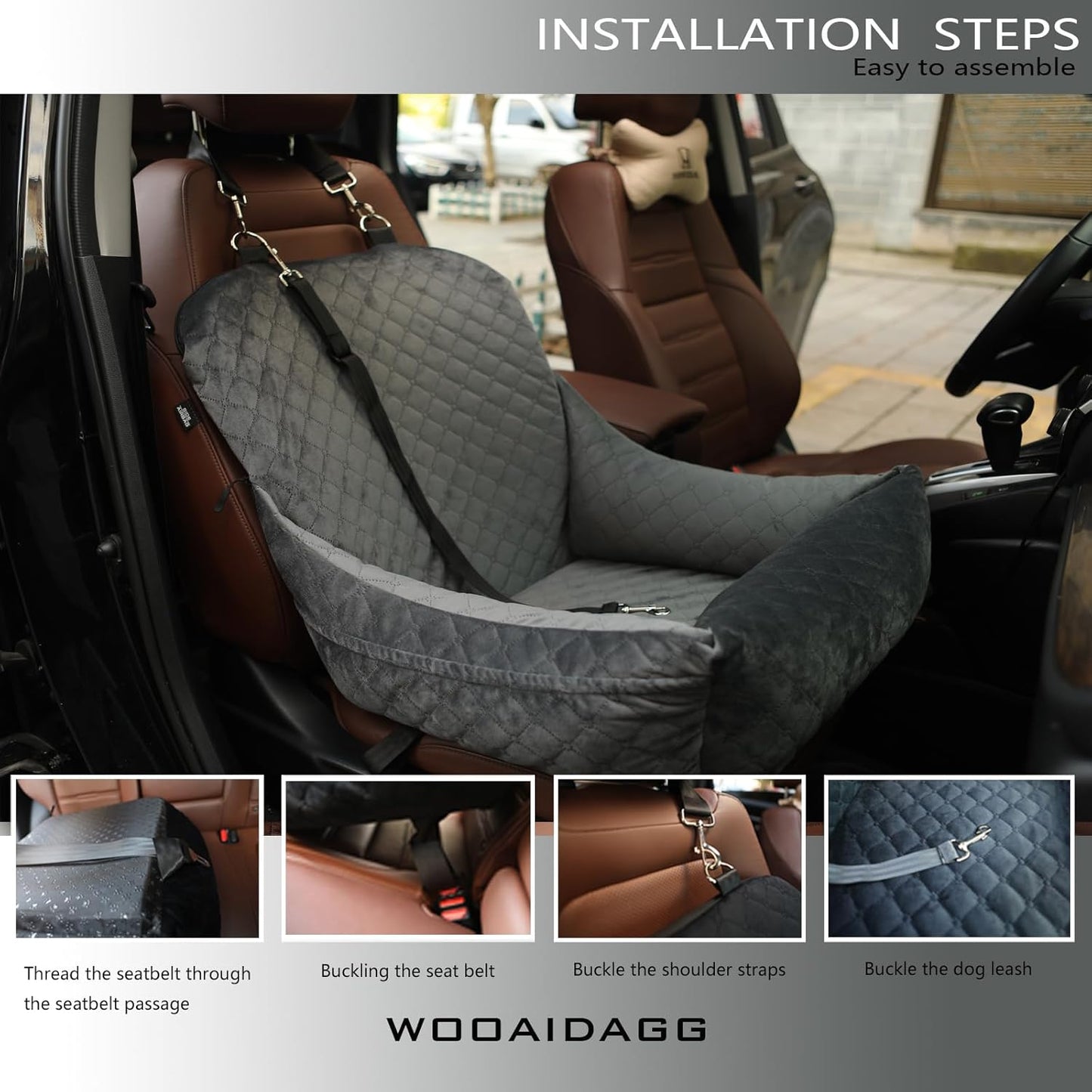 Dog Car Seat,Fully Detachable and Washable Cover,Easy to Assemble,Comfy Cushion Fill in Memory Foam,2 Clip-On Safety Leashes and Storage Pockets (Grey)