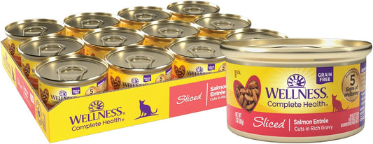 Wellness Complete Health Sliced Adult Wet Cat Food, Natural, Protein-Rich, Grain Free, 3 Ounce, 24 Pack, (Salmon Entrée)
